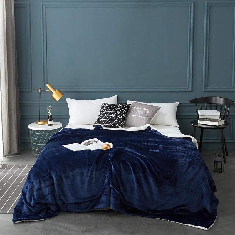 LBRO2M Sherpa Fleece Bed Blanket Twin Size Super Soft Fuzzy Plush Warm Cozy Fluffy Microfiber Couch Throw Velvet Double Reversible Luxurious Blankets,Navy Blue - Image 2